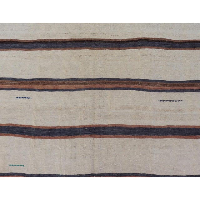 Tribal Turkish Vintage Kilim Rug Ivory Brown Striped Anatolian Flatweave Wool For Sale - Image 3 of 12