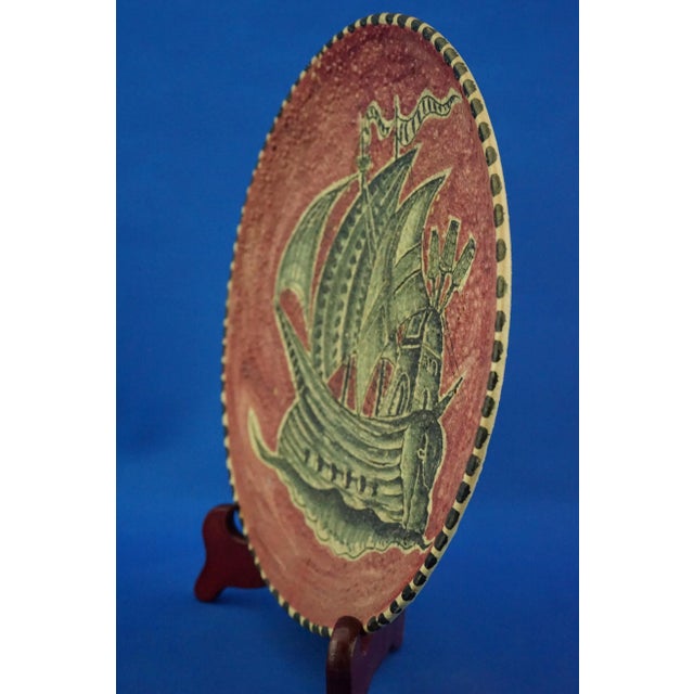 Ceramic Plate with Sailing Ship at Sea Motif attributed to Guido Gambone for Avallone Vietri, Italy, 1920s For Sale - Image 6 of 18
