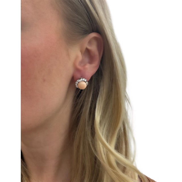 1950s Vintage Angel Skin Coral and Diamond Convertible Drop Earrings, Pair For Sale - Image 5 of 6