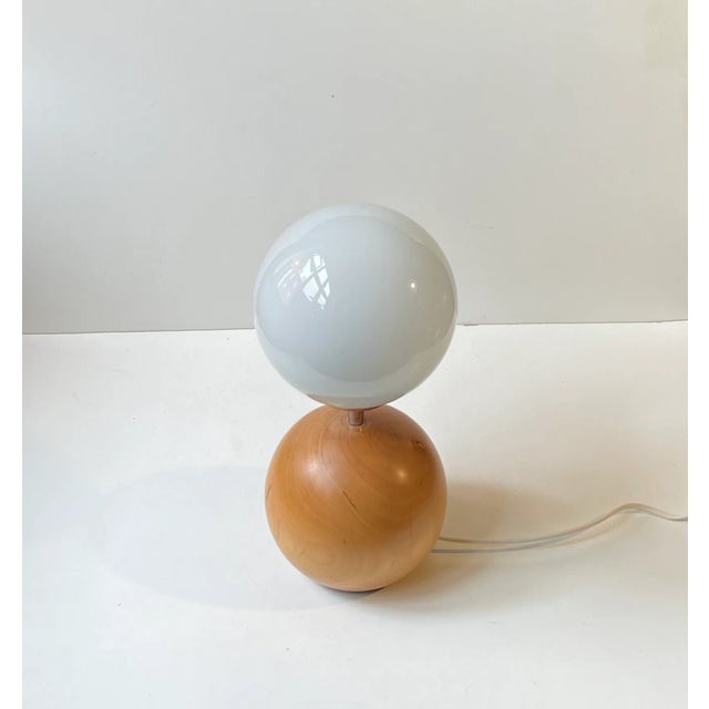 Wood Scandinavian Dual Sphere Table Lamp in Beech Wood & Opaline Glass, 1980s For Sale - Image 7 of 9