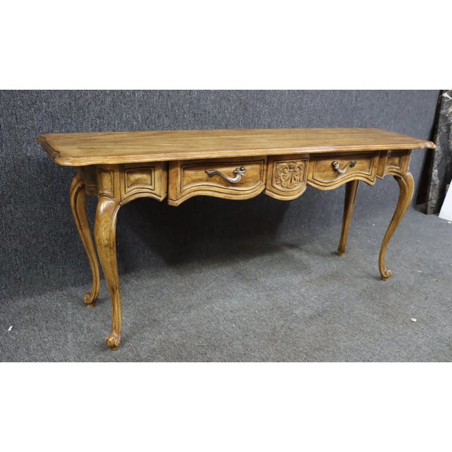 Louis XV style console table , made of Fruitwood, 2 drawers with shell carved accent between , scalloped skirt, cabriole legs