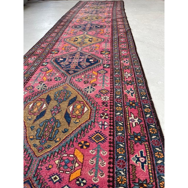Antique Heriz Runner in Pink, Peacock Teal, Cantaloup, & Dirty Olive Rug 3.3 x 14 For Sale - Image 13 of 14