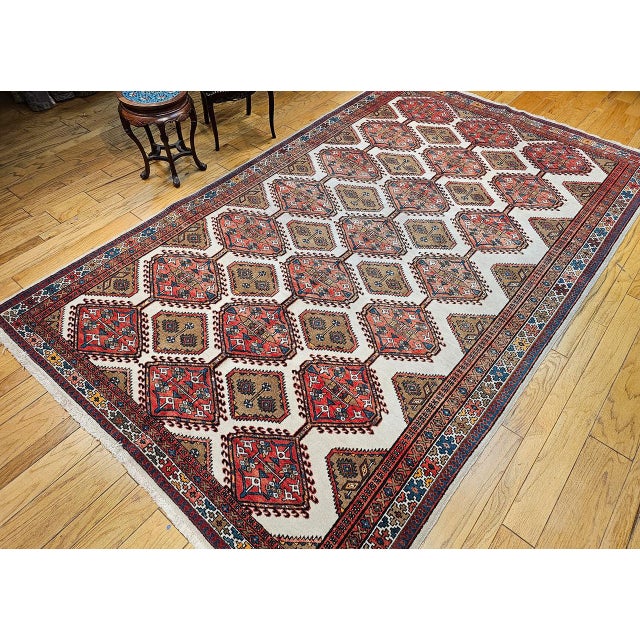 Vintage Persian Malayer Gallery Rug, Hand-Knotted Wool, Geometric Pattern, 7x13, Ivory & Red For Sale - Image 4 of 14