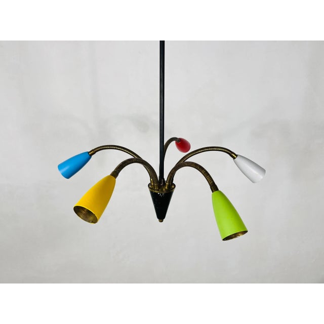 Mid-Century Modern Colorful Mid-Century Brass 5-Arm Sputnik Chandelier, 1950s For Sale - Image 3 of 8