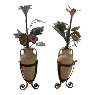 Antique French Tole Flowers in Pottery Urns- Pair For Sale