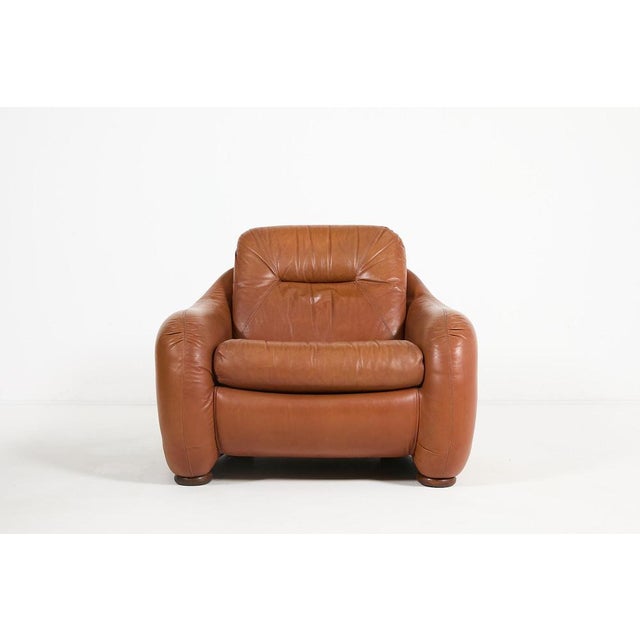Italian mid-century modern sculptural armchair in brown cognac leather, produced in 1960's. Condition Fair, age related...