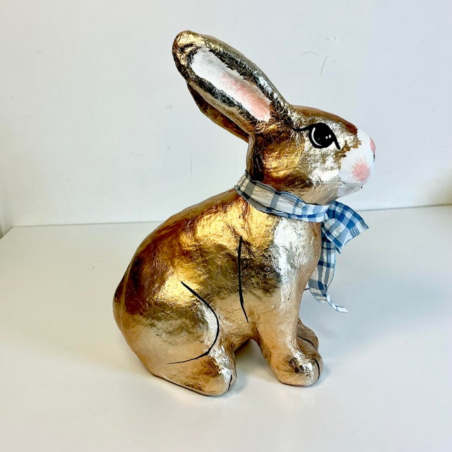 1980s Vintage Arts & Crafts Boho Chic Foil Covered Hand-Painted Papier Mache’ Bunny - Easter For Sale - Image 17 of 18