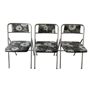 Vintage Cosco Folding Chairs Chrome With Black & White Flowers - Set of 3