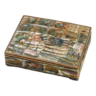 Luminous Vintage Mid Century Abalone Shell Brass Jewelry Trinket Box For Sale