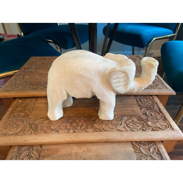 Alabaster Vintage Hand-Carved Alabaster Elephant Sculpture – Mid-Century White Stone Figurine For Sale - Image 8 of 12