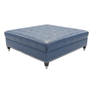 Tufted Blue Leather Ottoman or Cocktail Table With Nailheads Four Feet by Four Feet For Sale