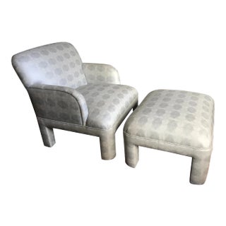 1980s Vintage Upholstered Club Chair With Matching Ottoman For Sale