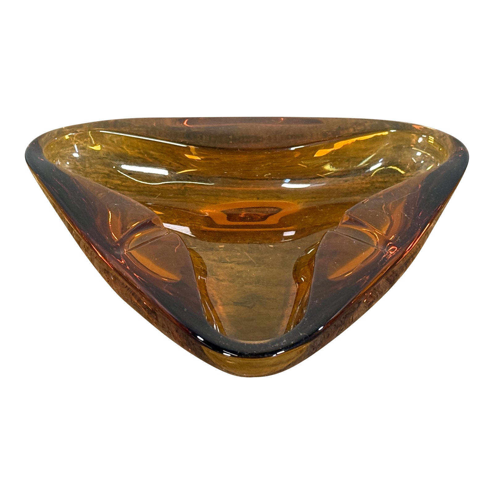 Vintage Amber Art Glass Triangular Bowl Mid Century Modern Catchall