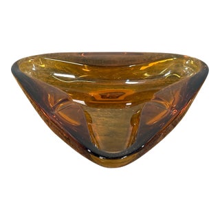 Vintage Amber Art Glass Triangular Bowl Mid Century Modern Catchall For Sale