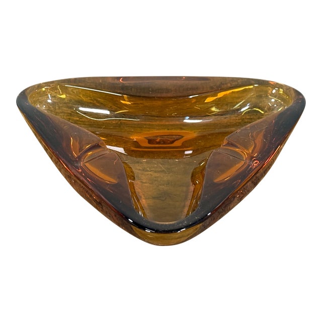 Vintage Amber Art Glass Triangular Bowl Mid Century Modern Catchall For Sale