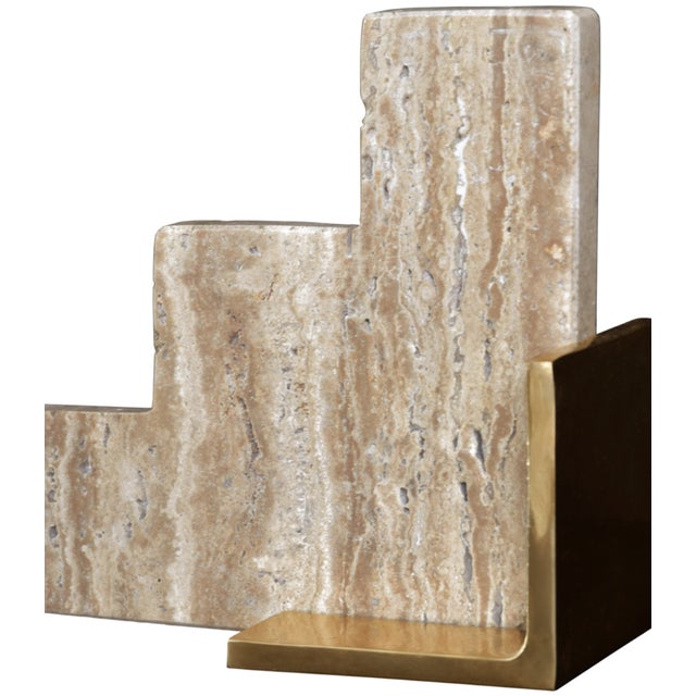 Worlds Away Matthew Izzo Home - Steps Travertine Marble Bookend Pair With Brass Detail For Sale - Image 4 of 5