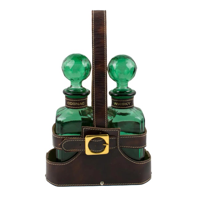 Mid-Century Leather Case Tantalus With Two Glass Decanters, 1960s For Sale