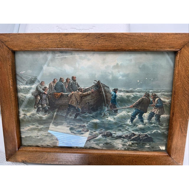 A striking antique maritime lithograph, “The Rescue” by Leonhard Paulus, dating to circa 1908. The dramatic sea-rescue...