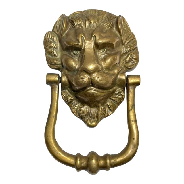 Antique English Brass Lion Head Door Knocker For Sale