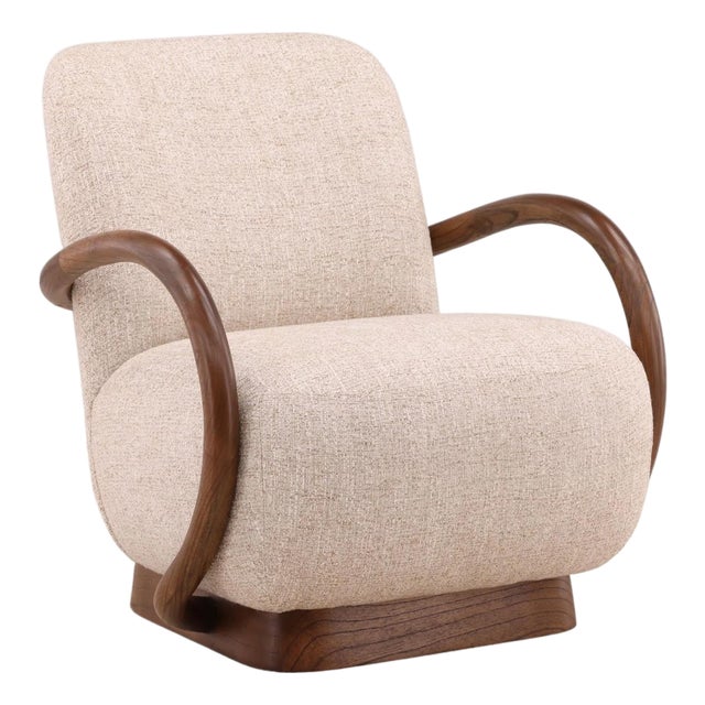 Curved Wood & Tweed Mid-Century Modern Arm Chair For Sale