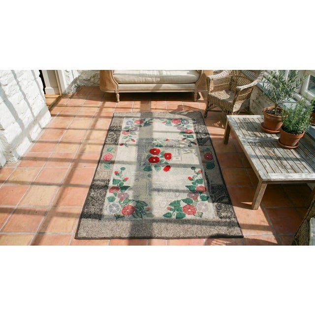 1930s Gray Floral Folk Art Antique American Hooked Rug 3 X 4'9" Handknotted Wool Carpet For Sale - Image 13 of 14