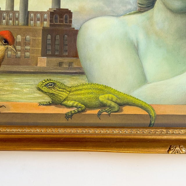 Stone Gray Late 20th Century Jan Rithamer Surrealist Painting of Classical Figure With Flute, Bird & Lizard in Gilt Frame For Sale - Image 8 of 8