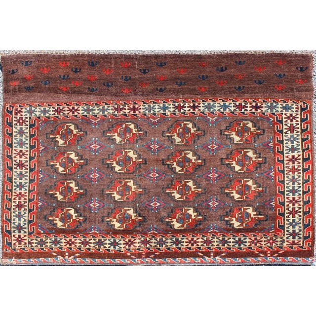 19th Century Antique Tekke Rug With Brown Field and Tribal Motifs in Red For Sale In Atlanta - Image 6 of 6