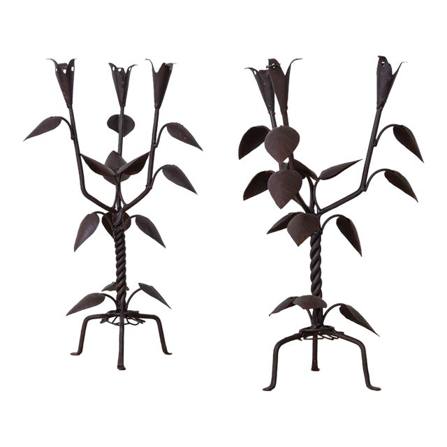 1930s Pair of French Iron Leaf Candlesticks For Sale
