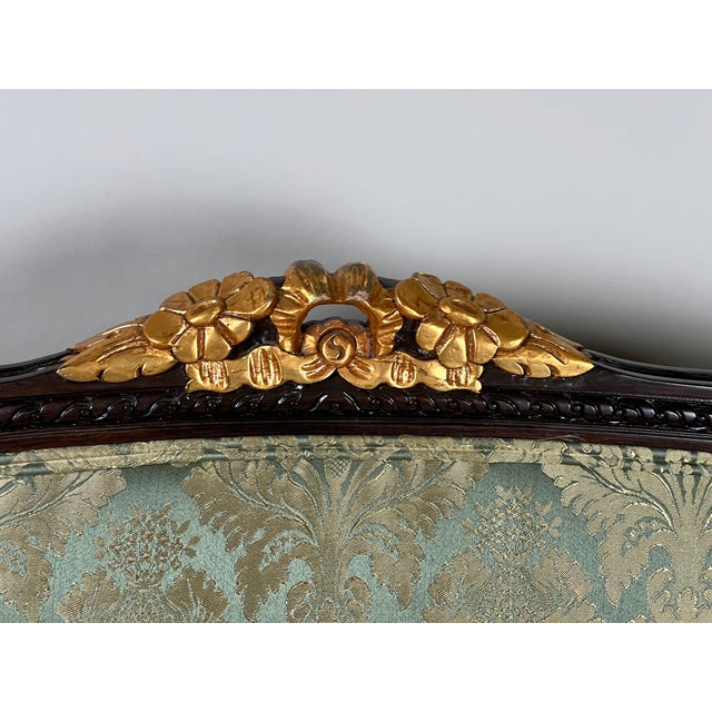 1980s Vintage Louis XVI Style Settee in Green Damask Upholstery 1 of 2 For Sale - Image 5 of 10