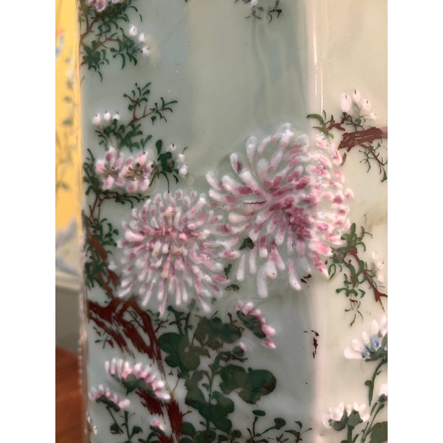 Ceramic Late 19th Century Japanese Porcelain Celadon Hexagonal Umbrella Stand With Birds and Flowers For Sale - Image 7 of 12