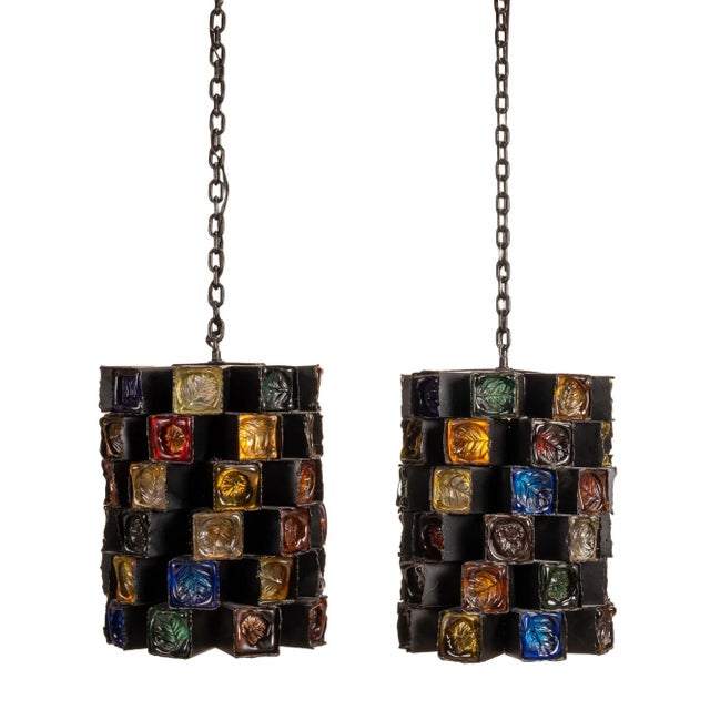 Mexican Modernist Brutalist Hanging pendant light by Felix Delfinger. All handmade with glass cubes stamped with...