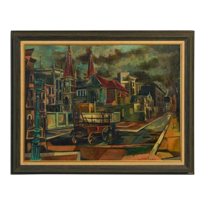Vintage Joyce Treiman Original Oil Painting of Early Chicago Street Scene, Signed