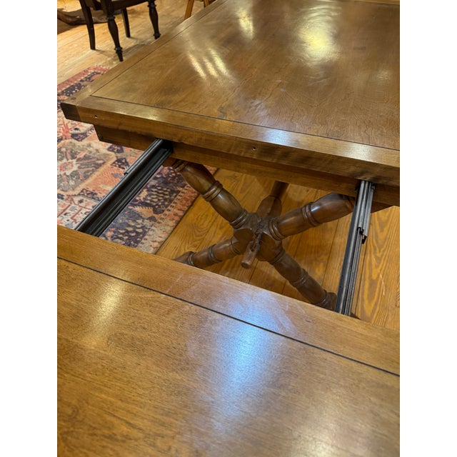 Mid 20th Century Vintage Trestle Refectory Dining Table With 2 Leaves For Sale - Image 5 of 12