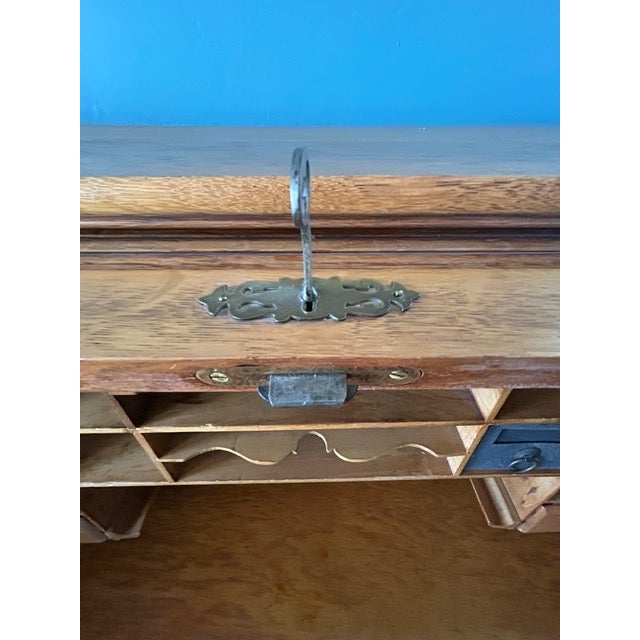 Rare Antique Oak S-Curve Roll Top Desk by Myrtle Desk With Vintage Pioneer Manufacturing Oak Desk Chair For Sale - Image 4 of 18