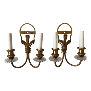 Antique Louis XIV Style Brass Bronze Two-Arm Wall Sconces Pair of Two