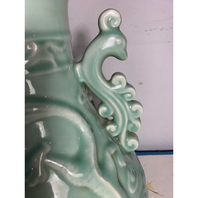 1970s Vintage Large Celadon Dragon Urn/Vase With Peacock Handles For Sale - Image 9 of 10