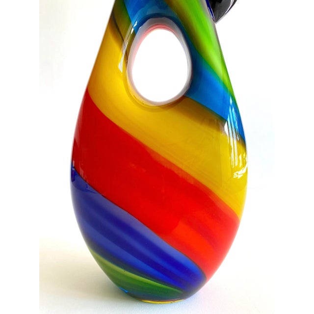 1980s Vintage 1980's Postmodern Italian Murano Art Glass Fused Multicolor Stripe Sculptural Pitcher Vase For Sale - Image 5 of 13