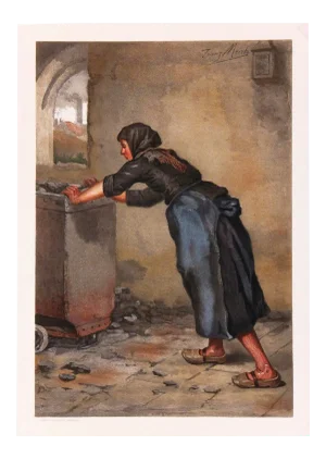 Antique Stone Lithograph - Working Woman, 1890