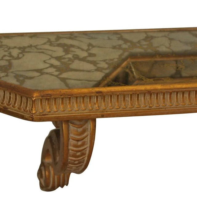 1970s Vintage Mid-Century French Giltwood, Antiqued Beveled Glass Octagonal Overlay Wall Mirror and Hanging Console For Sale - Image 4 of 7