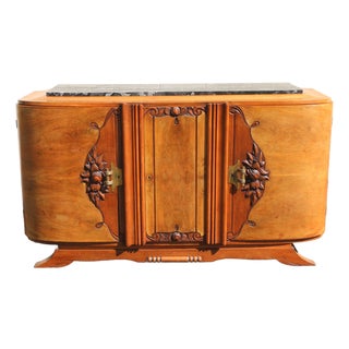Antique French Art Deco Burl Wood Sideboard Buffet With Marble Top For Sale