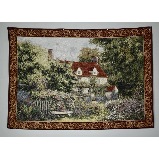 Vintage (1990s) Tapestry has a French Style of a Cottage Scene with a Border. The Measurements: 54" x 38". Flat Rate...
