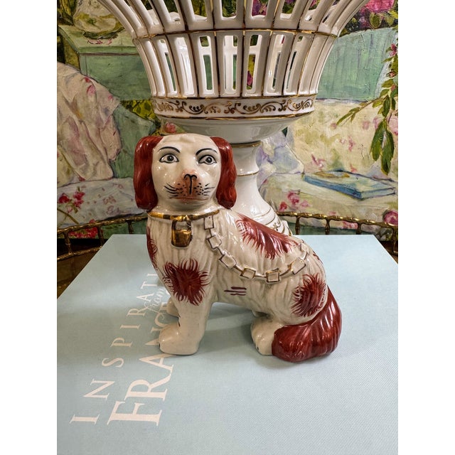 Red Charming Pair of Vintage Staffordshire Style Spaniels With Gilt Chain Collars and Parted Legs, Red & Cream Porcelain Dogs For Sale - Image 8 of 17