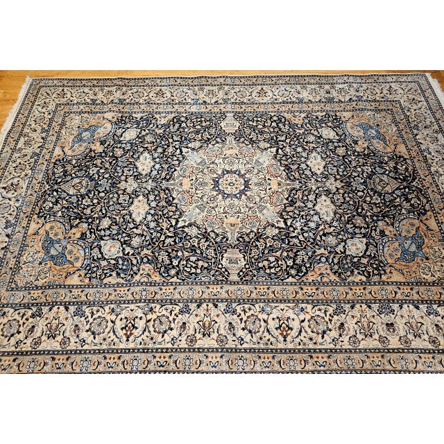 Vintage Persian Nain Area Rug, Hand-Knotted Wool & Silk, Floral Pattern, 9x13, Navy & Ivory For Sale In Chicago - Image 6 of 18