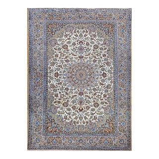 Vintage Persian Isfahan Rug, Hand-Knotted Wool & Silk, Floral Pattern, Ivory & Caramel,7x10 For Sale