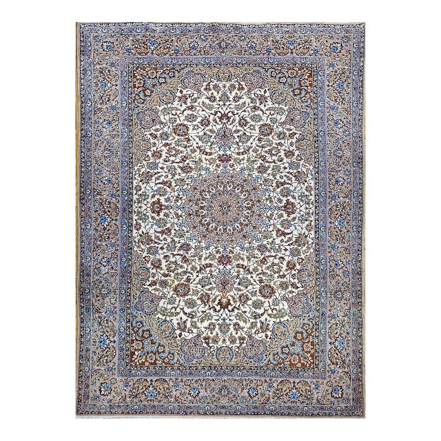 Vintage Persian Isfahan Rug, Hand-Knotted Wool & Silk, Floral Pattern, Ivory & Caramel,7x10 For Sale