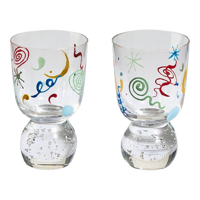 Misette Celestial Hand-Painted Bubble Glass Tumblers Set of 2, Multicolor For Sale