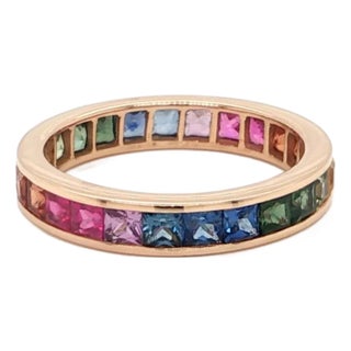 Mid 20th Century 18k Rose Gold 2.93ct Multi-Color Sapphire Full Eternity Band Ring Size 6.5 For Sale