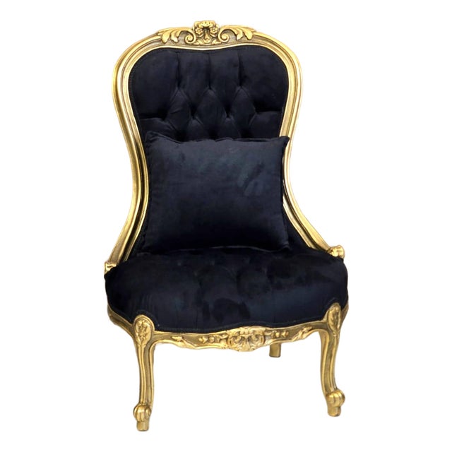 French Louis XV Tufted Black Velvet Accent Chair With Hand-Finished Gold Leaf Frame & Matching Pillow For Sale
