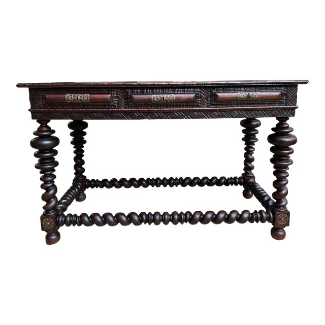 Antique Portuguese Rosewood Library Writing Table Barley Twist Console C1790 For Sale