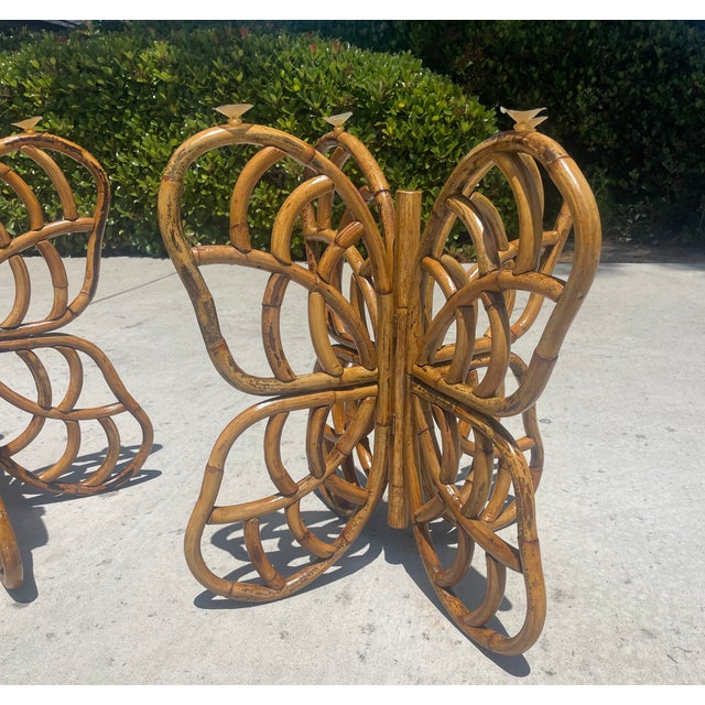 Camel Vintage Rattan Butterfly Side Tables, a Pair of Boho-Chic Gems For Sale - Image 8 of 11